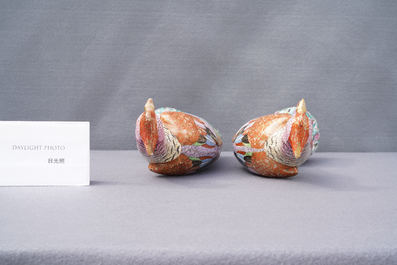 A pair of Chinese famille rose models of pheasants, Qianlong