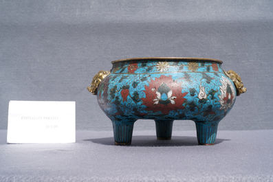 A large Chinese cloisonn&eacute; tripod censer, Ming