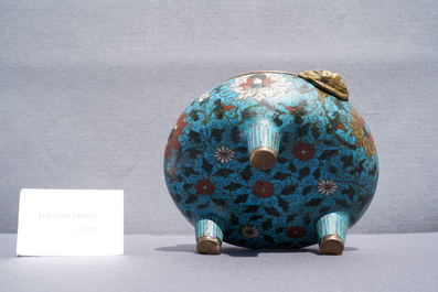 A large Chinese cloisonn&eacute; tripod censer, Ming