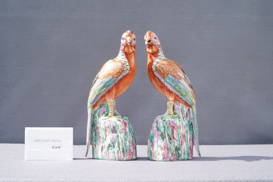 A pair of Chinese famille rose models of pheasants, Qianlong