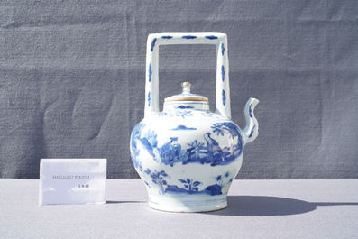 A large Chinese blue and white 'scholars' wine ewer and cover, Transitional period