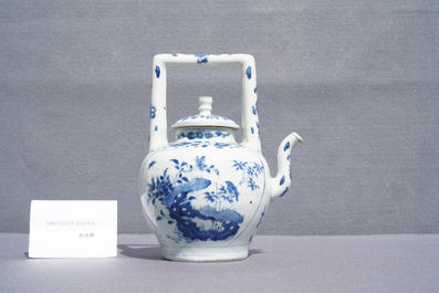 A large Chinese blue and white 'birds' wine ewer and cover, Transitional period