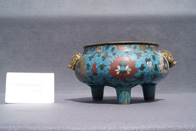 A large Chinese cloisonn&eacute; tripod censer, Ming