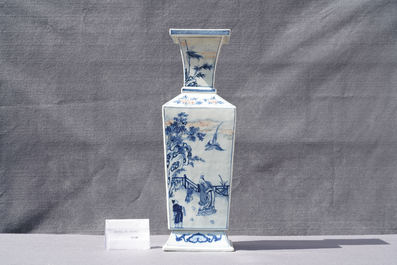 A Chinese square-sectioned blue, white and copper-red vase, Kangxi