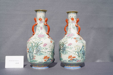 A pair of Chinese famille rose 'floral scenery' vases, Jiaqing mark, 19th C.