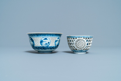 Two Chinese blue and white reticulated bowls, Transitional period and Kangxi