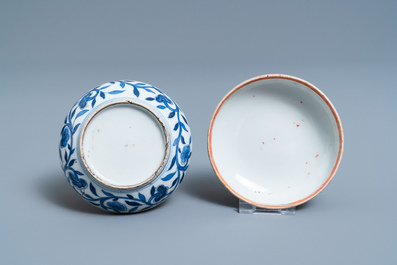 A pair of Chinese blue and white three-tier stacking boxes, a seal paste box and four saucers, 19th C.