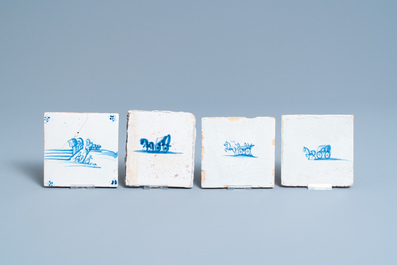 Dix-huit carreaux en fa&iuml;ence de Delft en bleu et blanc &agrave; sujet de chevaux, 17/18&egrave;me