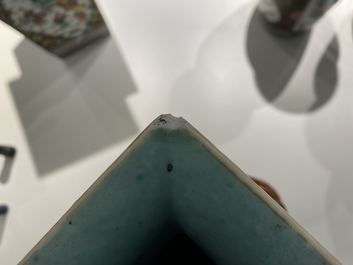 A pair of square Chinese famille rose brown-ground vases, 19th C.