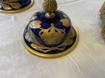 A pair of massive French S&egrave;vres-style vases with gilded bronze mounts, signed Desprez, 19th C.