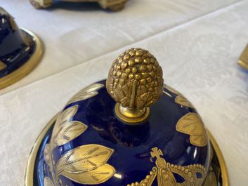 A pair of massive French S&egrave;vres-style vases with gilded bronze mounts, signed Desprez, 19th C.