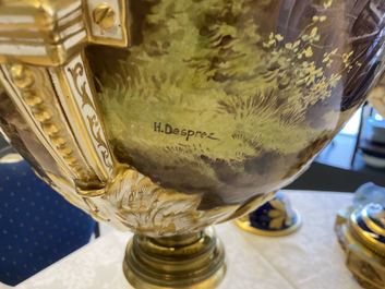 A pair of massive French S&egrave;vres-style vases with gilded bronze mounts, signed Desprez, 19th C.