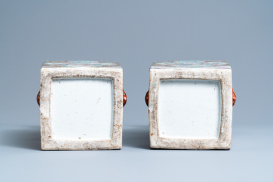 A pair of square Chinese famille rose brown-ground vases, 19th C.