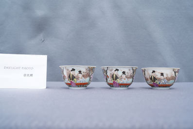 Six fine Chinese famille rose 'Mandarin' cups and saucers, Qianlong