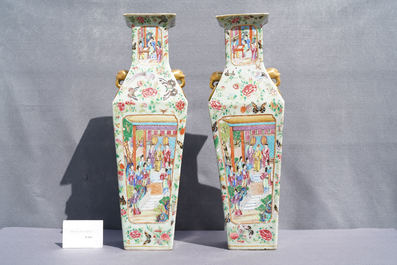 A pair of Chinese square famille rose celadon-ground vases on gilt bronze feet, 19th C.