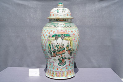 A large Chinese famille verte vase and cover, 19th C.