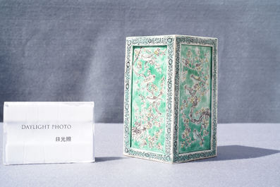 A square Chinese verte biscuit brush pot, Kangxi