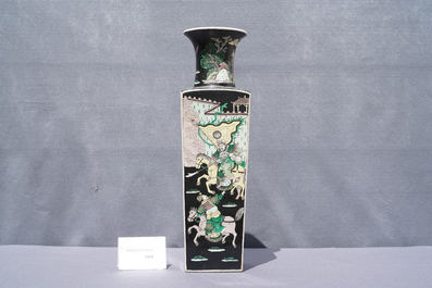 A Chinese square famille noire vase with figurative panels, Kangxi mark, 19th C.