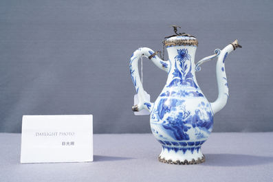 A Chinese blue and white silver-mounted ewer and cover, Transitional period