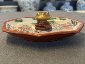 A Chinese octagonal famille rose incense stand with a miniature censer, 19th C.