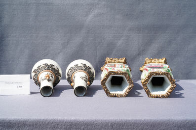 Three pairs of Chinese famille rose, verte and crackle-glazed vases, 19th C.