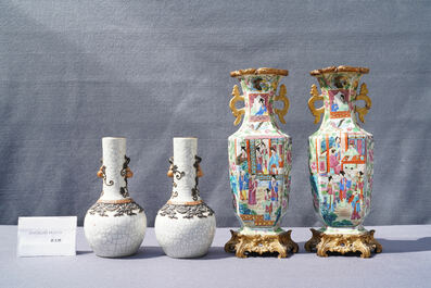 Three pairs of Chinese famille rose, verte and crackle-glazed vases, 19th C.