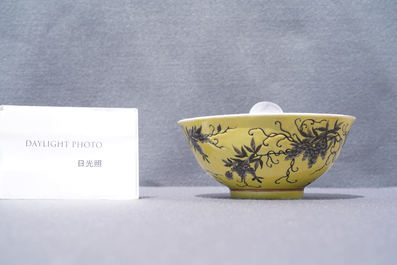 Un bol Dayazhai en porcelaine de Chine grisaille sur fond jaune, marque Yong Qing Cang Chun, Guangxu
