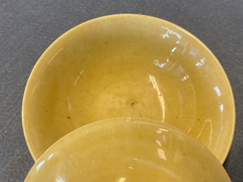 A pair of Chinese yellow-glazed bowls, Jiajing mark and of the period