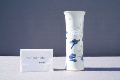 A Chinese blue and white sleeve vase with birds among blossoming branches, Transitional period