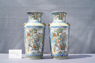 Three pairs of Chinese famille rose, verte and crackle-glazed vases, 19th C.