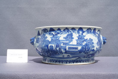 A large Chinese blue and white 'landscape' censer, Qianlong