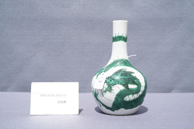 A Chinese famille verte 'dragon' bottle vase, Kangxi mark, 19th C.