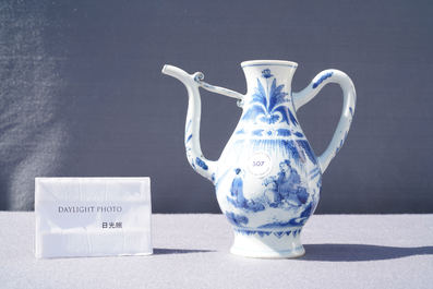 A Chinese blue and white ewer with figures in a landscape, Transitional period