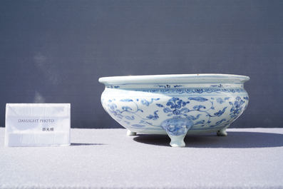 A Chinese blue and white tripod censer with floral design, Ming