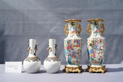 Three pairs of Chinese famille rose, verte and crackle-glazed vases, 19th C.