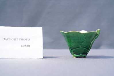 A Chinese 'egg and spinach'-glazed lotus cup and saucer with applied design, Kangxi