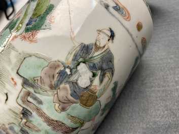 A rare Chinese famille verte 'Feng shen bang' rouleau vase, Kangxi