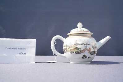 A fine Chinese 'landscape' teapot and a pair of cups and saucers, Yongzheng