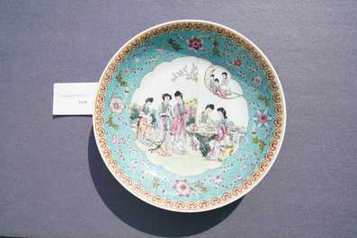 Two Chinese famille rose dishes with ladies in a garden, Qianlong mark, Republic