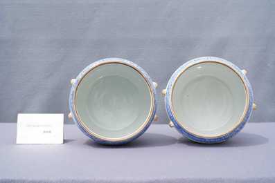 A pair of Chinese famille rose bowls and covers with landscapes, Qianlong mark, Republic