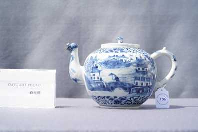 A Chinese blue and white teapot and cover with figures in a landscape, 19th C.