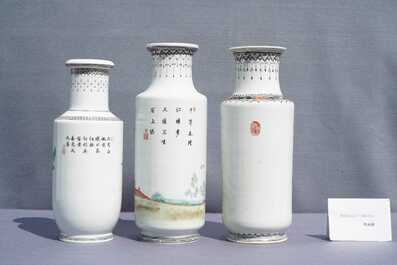 Trois vases de forme rouleau en porcelaine de Chine famille rose, R&eacute;publique