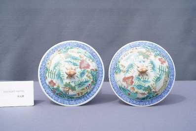 A pair of Chinese famille rose bowls and covers with landscapes, Qianlong mark, Republic