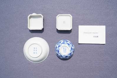 A Chinese blue and white plate, a bowl and a box and cover, Qianlong and Guangxu mark, 19/20th C.