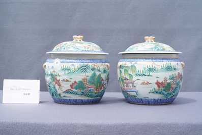 A pair of Chinese famille rose bowls and covers with landscapes, Qianlong mark, Republic