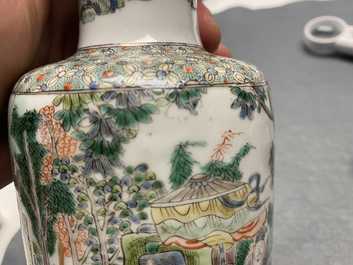A rare Chinese famille verte 'Feng shen bang' rouleau vase, Kangxi