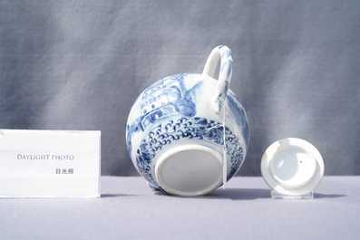 A Chinese blue and white teapot and cover with figures in a landscape, 19th C.