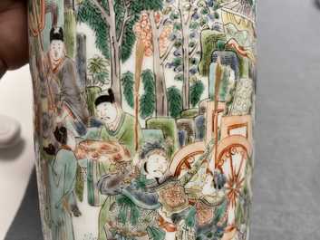 A rare Chinese famille verte 'Feng shen bang' rouleau vase, Kangxi