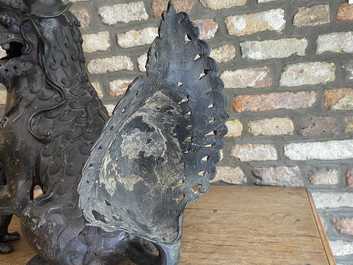 Een paar grote Chinese bronzen boeddhistische leeuwen, Ming