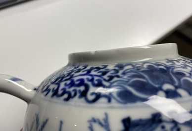 A Chinese blue and white teapot and cover with figures in a landscape, 19th C.